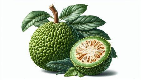 Whole and half guava fruit with leaves isolated on white background