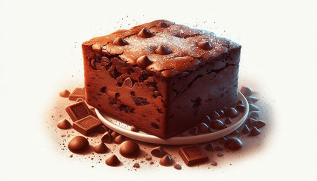 Chocolate cake with chocolate pieces on a white background. 3d illustration