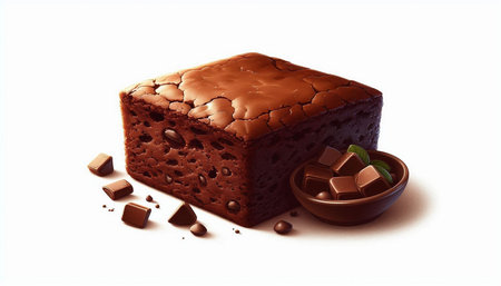 Chocolate cake with chocolate chips and chocolate cubes on a white background