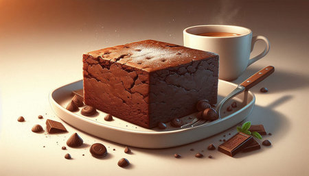 Chocolate cake and cup of coffee on white background. 3d illustration