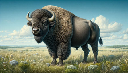 Bison in the meadow. 3D illustration. Digital painting.