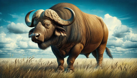 Buffalo in the grassland, 3d render, illustration.