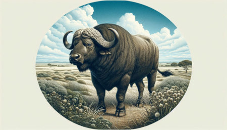 African buffalo in the field with clouds and blue sky. Vintage style.