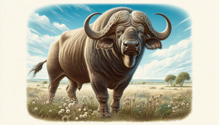 African buffalo in the meadow in vintage style. Toned.