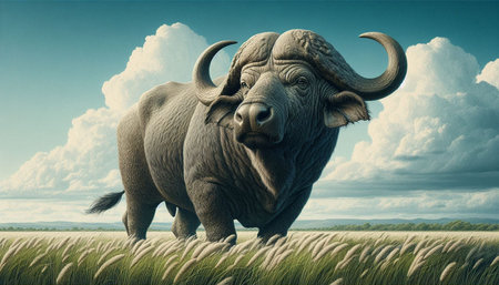 Buffalo in the grassland. 3D illustration. Vintage style.