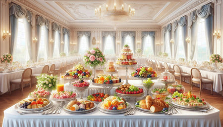 Wedding reception table with sweets and desserts. 3d rendering