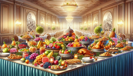 Fruit and vegetable buffet in the restaurant. 3D rendering.