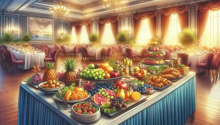 Restaurant interior with table full of fruit. 3D rendering
