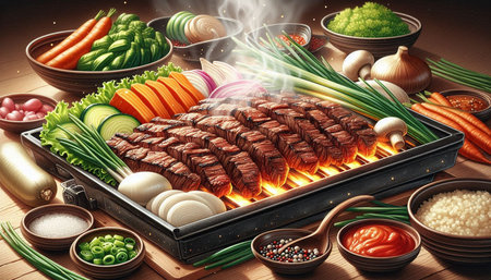 Korean barbecue grill with vegetables and meat, 3d illustration.