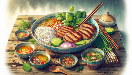 Noodles soup with pork and vegetables in bowl on wooden table