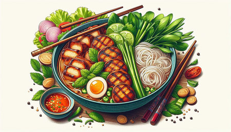 Vintage style Asian noodle soup with chicken and vegetables, vector illustration