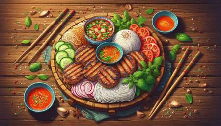 Top view of Asian noodle soup with grilled sausages, vegetables and chopsticks on wooden table