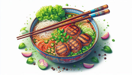 Noodle soup with meat and vegetables in bowl. Vector illustration.