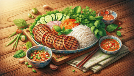 Vietnamese noodle soup with grilled pork and vegetable on wooden table