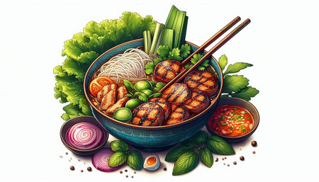 Illustration of a bowl of rice noodles with chicken and vegetables.