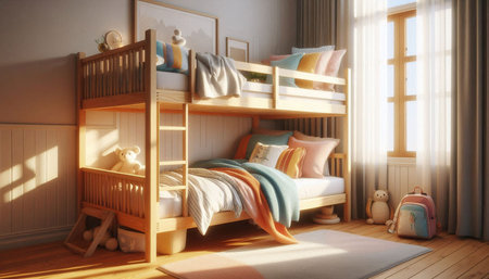 3d rendering of a childrens room with a wooden bunk bed