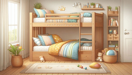 Bunk bed in the childrens room. 3D rendering.