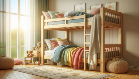 Children's room interior with wooden bunk bed. 3d render.