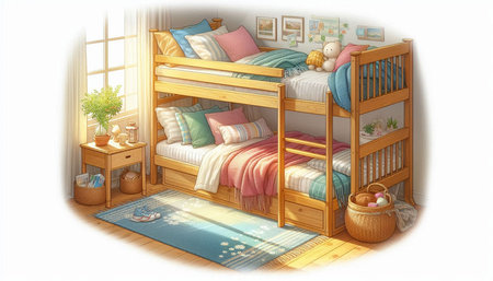 Illustration of a children's bedroom with a wooden bunk bed.