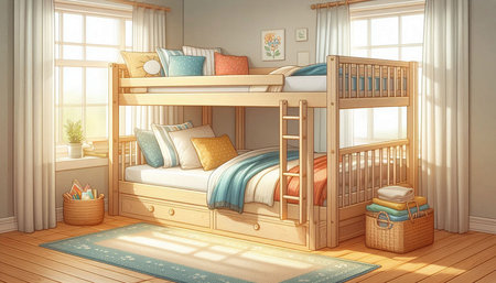 3d render of a children's bedroom with a wooden bunk bed