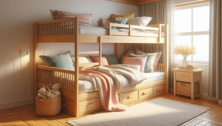 3d render of children's room interior with wooden bunk bed.