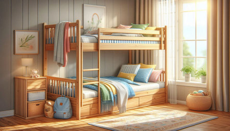 3d rendering children's room interior with wooden bunk bed. 3d illustration.
