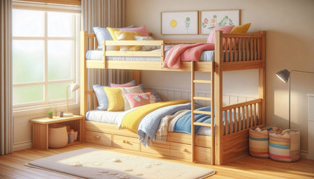 Children's room with wooden bunk beds. Interior design. 3d render