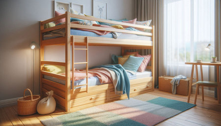 Wooden bunk beds in children's room. 3d rendering.