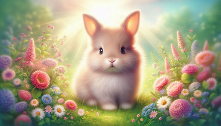 Cute easter bunny sitting in flower meadow. Spring background