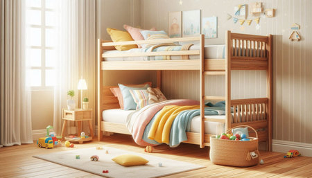 3d render of children's room with wooden bunk beds and toys
