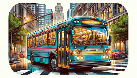 City bus on the road in New York City. Vector illustration.