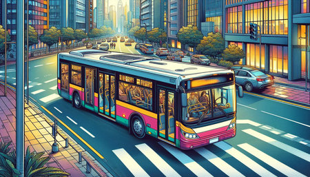 Bus on the road in the city. 3d rendering illustration.
