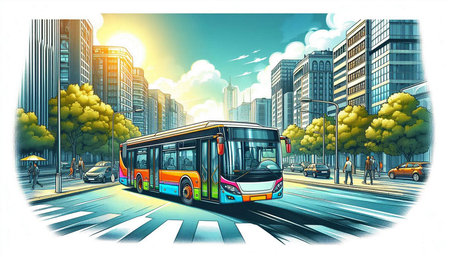 Bus on the road in the city. Urban landscape. Vector illustration.