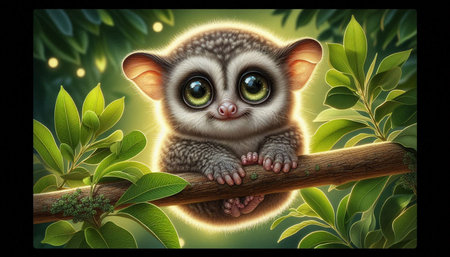 Cute lemur on the branch in the jungle. Vector illustration.