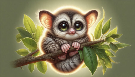 Cute little baby lemur on a tree branch with green leaves