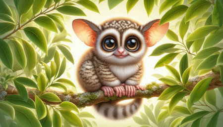 Cute little baby tarsier sitting on the tree branch.