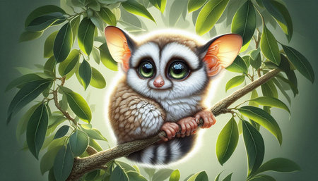 Cute cartoon lemur with green eyes sitting on a tree branch
