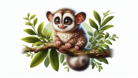 Cute little lemur on a branch with leaves isolated on white background