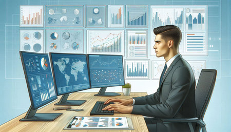 Young businessman sitting at desk in front of monitors with charts and graphs