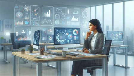 Attractive businesswoman in modern office using computer and mobile phone. Mixed media