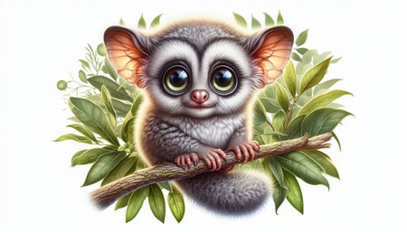 Cute little baby lemur with green leaves on a white background