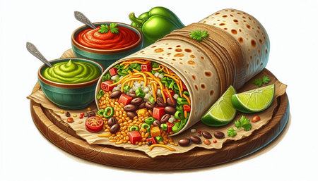 Mexican tortilla wrap with beans and vegetables, 3d illustration