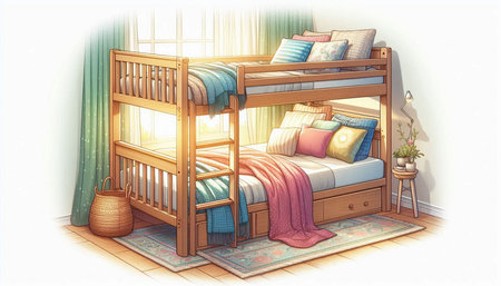 Illustration of a wooden bunk bed with pillows and a basket