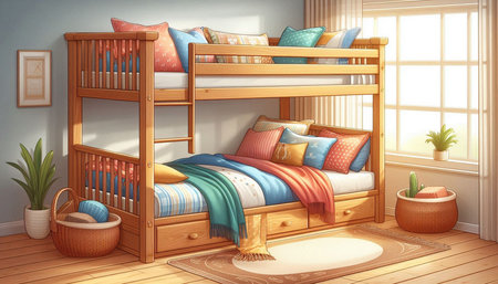 Bunk bed in the room. Cartoon illustration. 3D rendering.