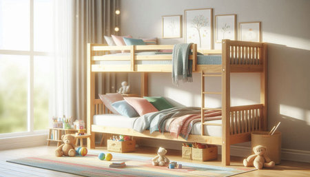 Children's room interior with wooden bunk bed and toys. 3d render