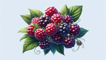 Bouquet of blackberries and raspberries on a blue background