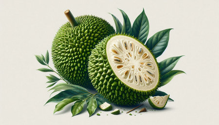 Fresh durian fruit with leaves and seeds isolated on white background.