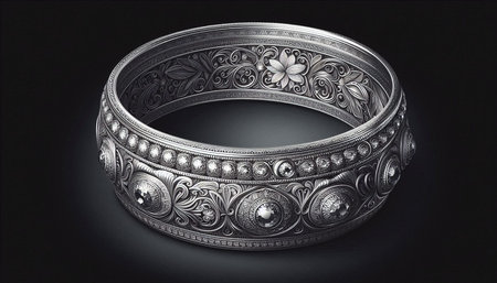 Silver bracelet with floral pattern on a black background. 3d rendering