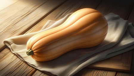 Butternut squash on napkin on wooden table, closeup