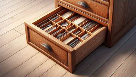 Wooden drawer with cutlery, close-up view.